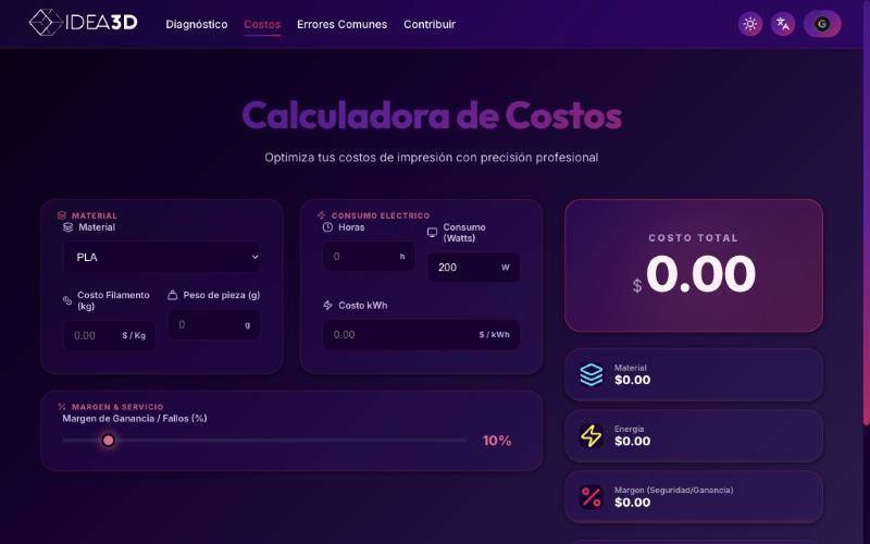 Calculadora de costos de impresión 3D con material, consumo eléctrico y margen