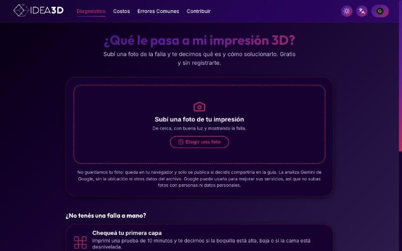 Página de diagnóstico de Idea 3D en escritorio: subir una foto de la impresión fallida