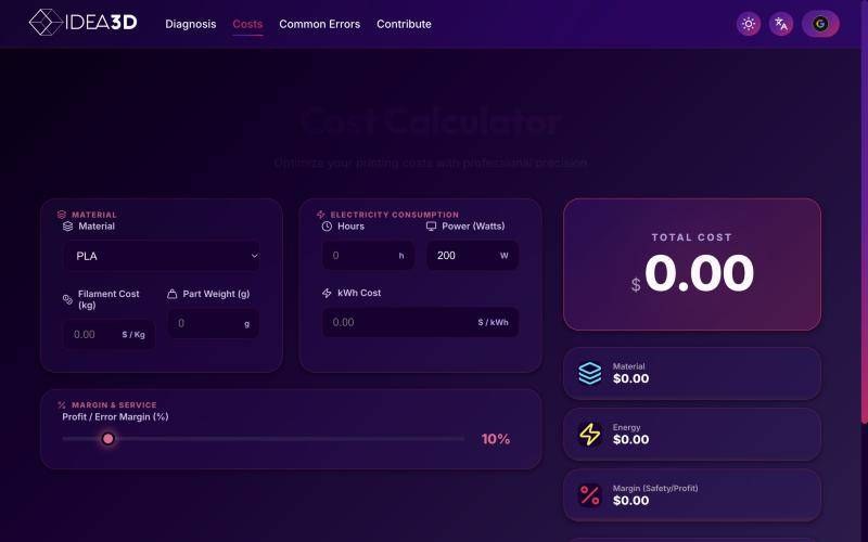 3D printing cost calculator with material, power usage and margin