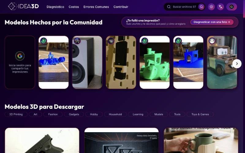 Inicio de Idea 3D con modelos impresos por la comunidad y modelos para descargar