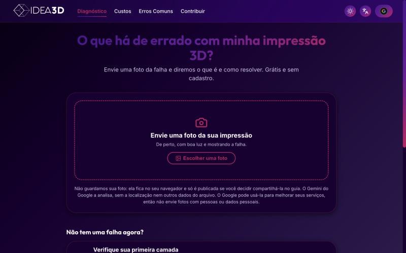 Página de diagnóstico do Idea 3D no desktop: enviar uma foto da impressão com falha